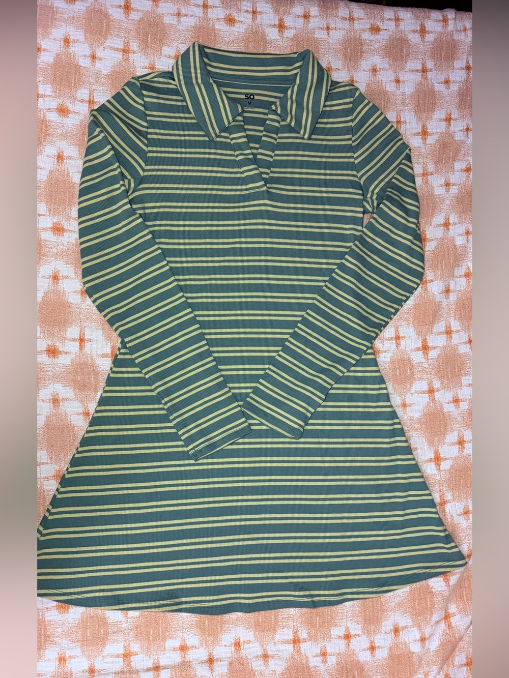 SO Green and Light Yellow Striped Long-Sleeve Polo Tunic
